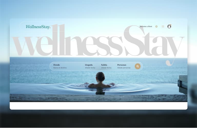 Portada de Wellness Stay: piscina infinita, wordmark y buscador de destinos