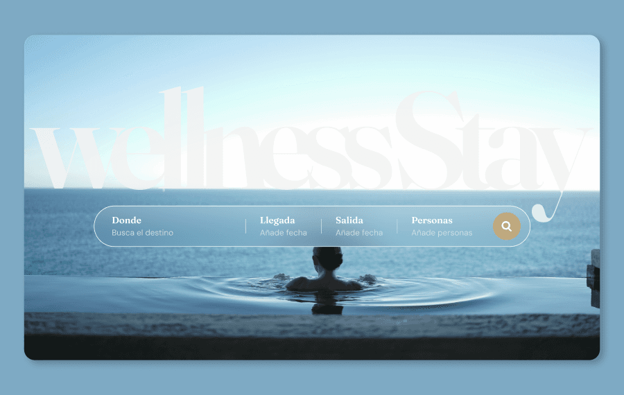 Portada de Wellness Stay: piscina infinita, wordmark y buscador