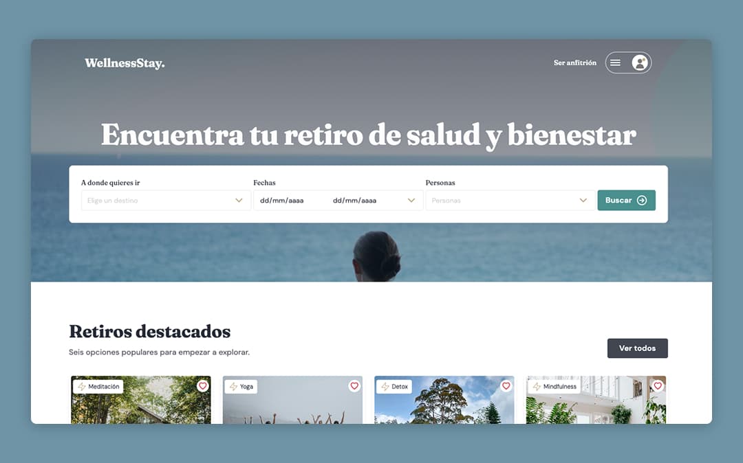 Portada de Wellness Stay: interfaz del marketplace con buscador de retiros sobre el mar