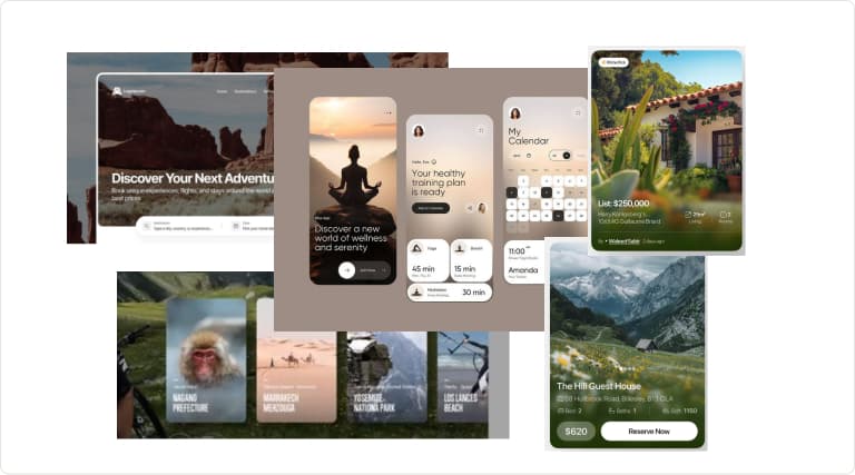 Moodboard con referencias visuales de viajes, wellness, calendario y cards