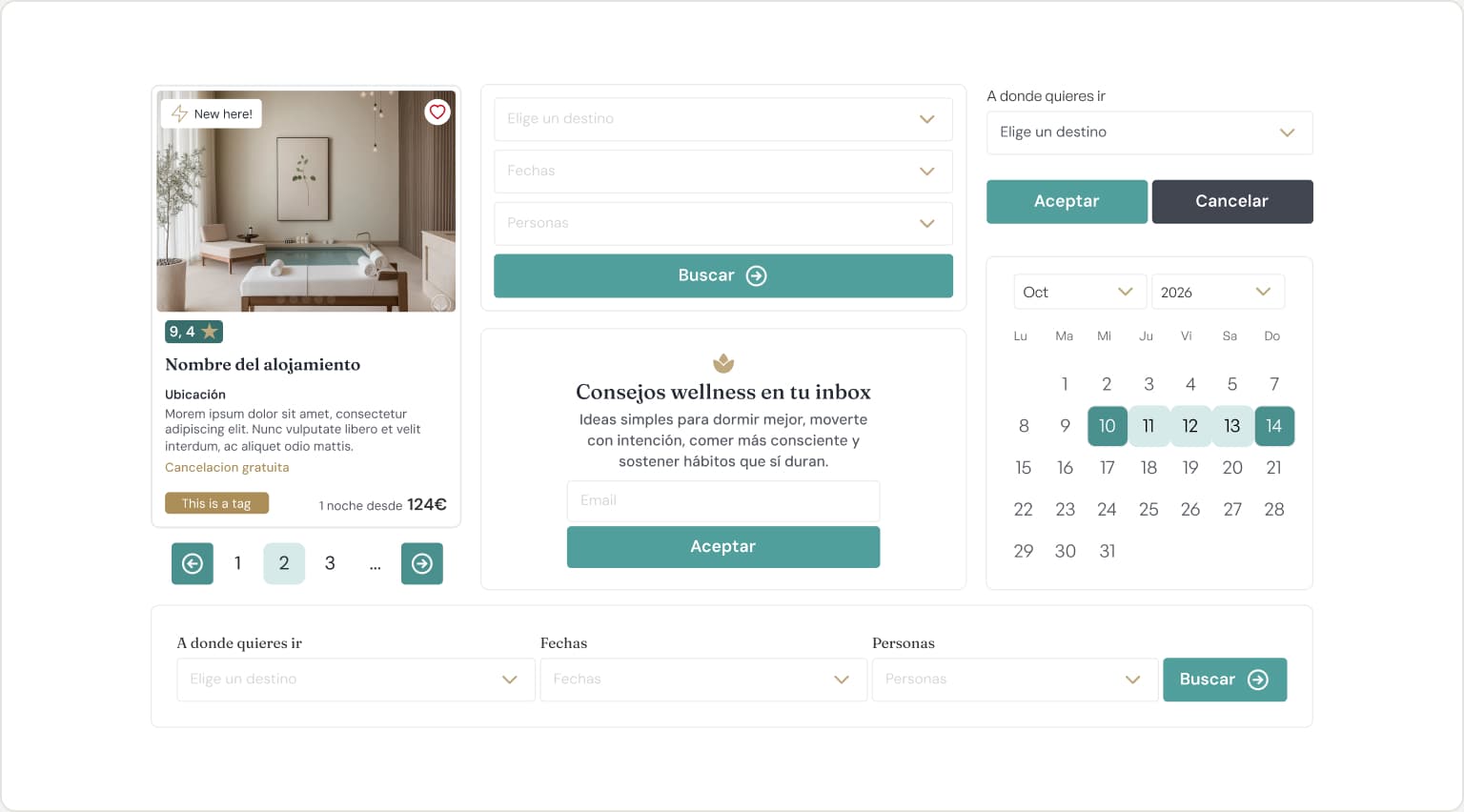 Collage de componentes a medida: buscador, card, newsletter, calendario y botones